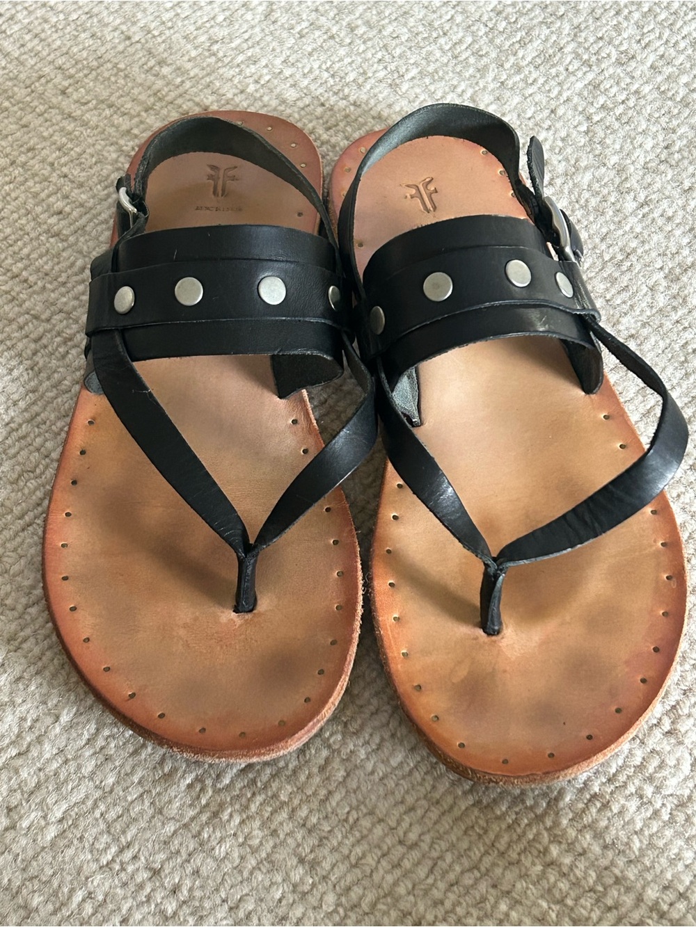 Frye Black Leather Studded Thong Sandals